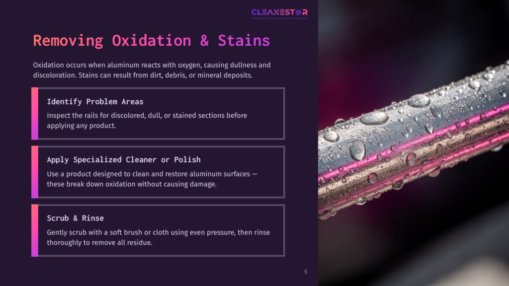 5 Removing Oxidation And Stains Close-Up Of Water Droplets On A Shiny, Metallic Railing, With A Pinkish Glow Reflecting From The Background. The Image Illustrates Removing Oxidation And Stains From Metal Surfaces.