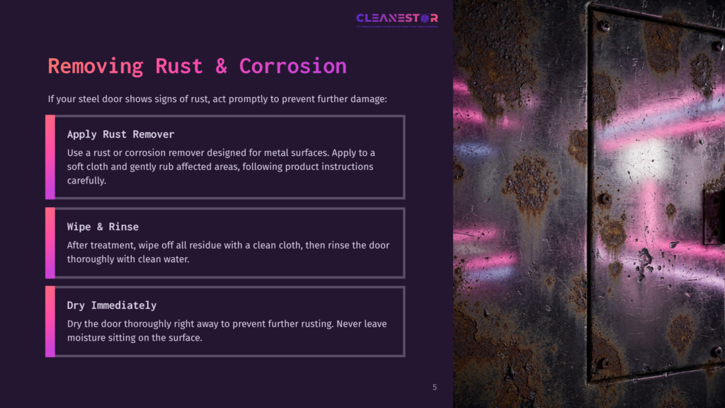 Close-Up Of A Heavily Rusted Steel Door With Streaks Of Purple And Pink Light Reflecting On Its Textured, Corroded Surface. Text Overlay Reads &Quot;Cleanestor&Quot; And &Quot;Removing Rust &Amp; Corrosion&Quot;.
