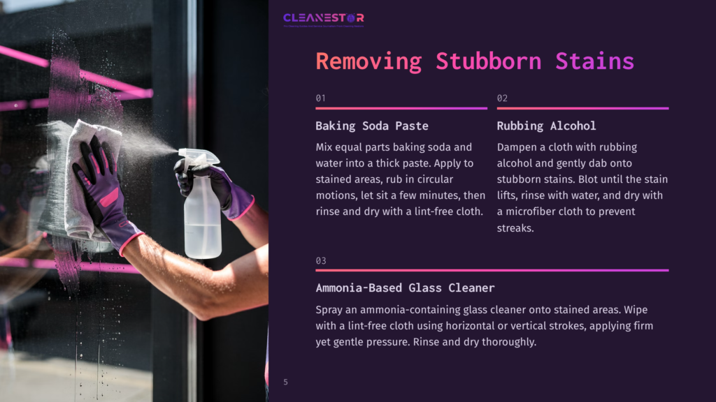 5 Removing Stubborn Stains Close-Up Of A Person Wearing Purple Gloves Cleaning A Glass Window With A Spray Bottle And White Cloth, Removing Stubborn Stains With Cleaning Solutions.
