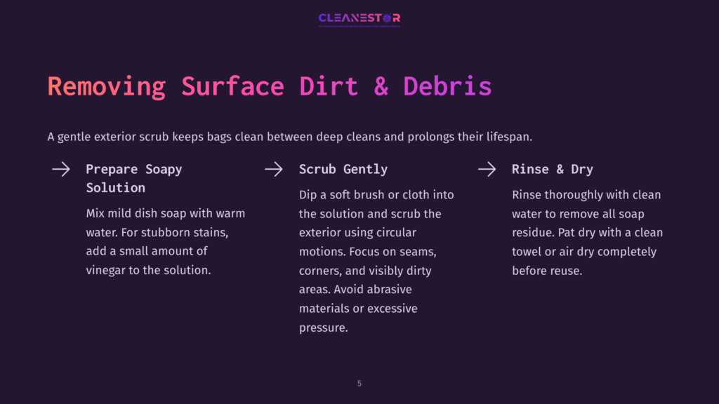 5 Removing Surface Dirt And Debris Infographic Showing How To Remove Surface Dirt And Debris From Bags: Prepare Soapy Solution, Scrub Gently, And Rinse &Amp; Dry. Text Includes &Quot;Cleanestor&Quot; Logo.