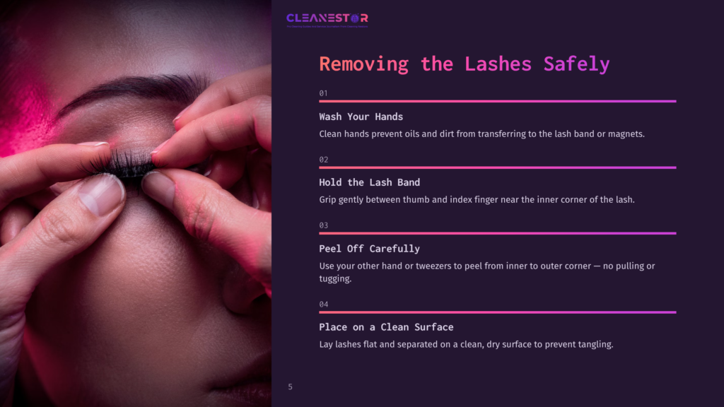 Close-Up Of A Woman'S Eye As She Carefully Removes False Eyelashes With Her Fingers, Showing The Lash Band And Applying Gentle Pressure.
