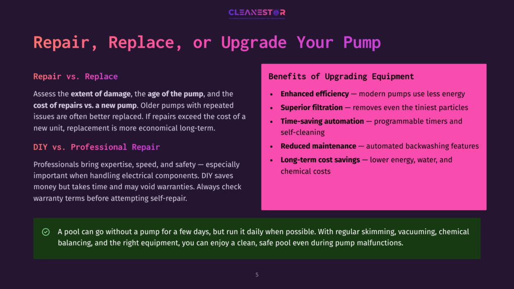 Purple Text On A Pink Background Reads &Quot;Repair, Replace, Or Upgrade Your Pump&Quot; With Bullet Points On Benefits Of Upgrading Equipment And A Green Checkmark With Text About Pool Pumps.