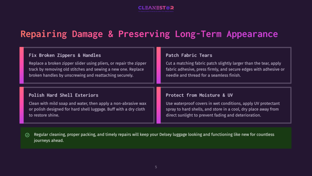 Infographic Detailing How To Repair Luggage Damage And Preserve Its Appearance, Featuring Sections On Fixing Zippers, Patching Tears, Polishing Exteriors, And Protecting From Moisture And Uv Rays.