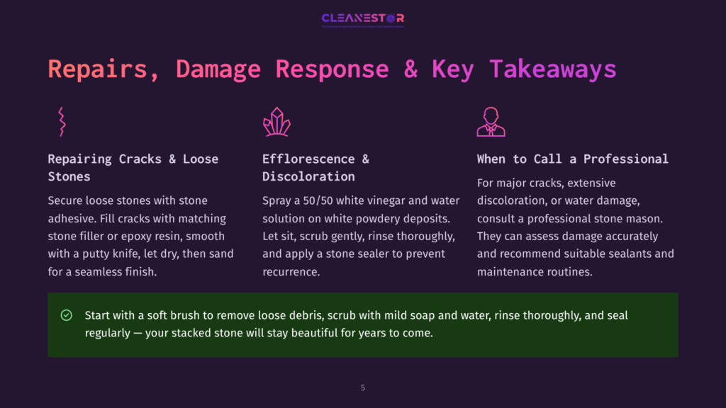 5 Repairs Damage Response And Key Takeaways Cleanestor Logo Above &Quot;Repairs, Damage Response &Amp; Key Takeaways&Quot; Title. Sections Detail Repairing Cracks, Efflorescence, And When To Call A Professional, With A Checklist Item At The Bottom.