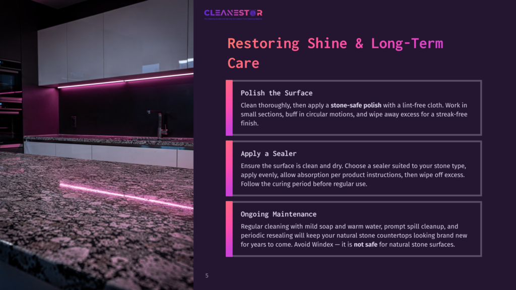 5 Restoring Shine And Long Term Care Modern Kitchen With Sleek White Cabinets And A Granite Countertop Featuring A Pink Led Light Strip. Text Overlay Reads &Quot;Cleanestor&Quot; And &Quot;Restoring Shine &Amp; Long-Term Care&Quot;.