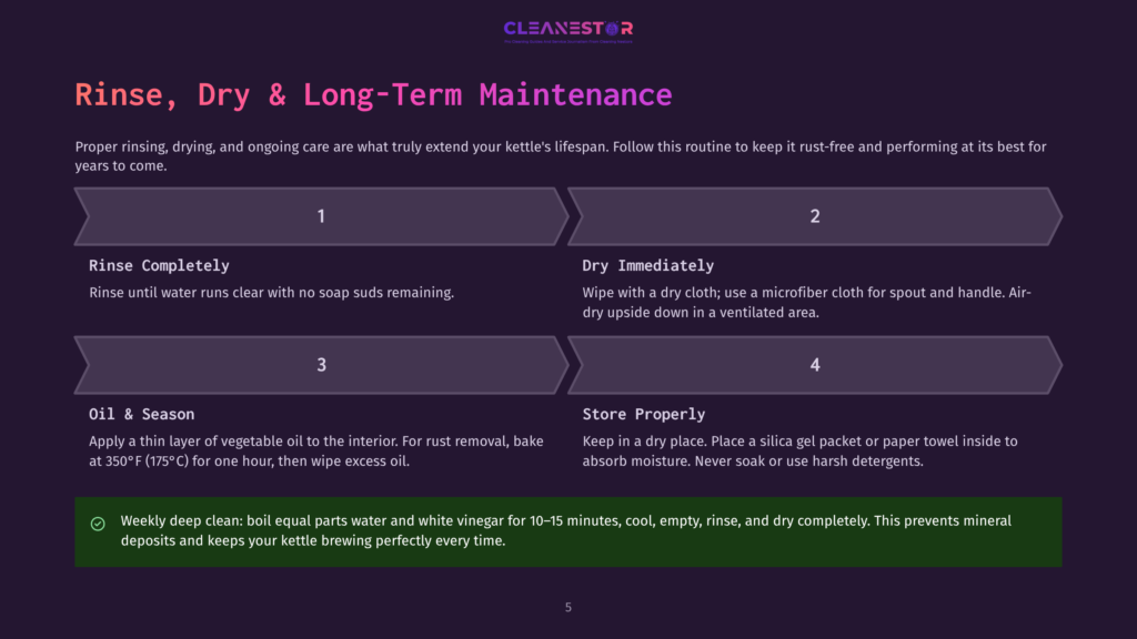 Diagram Showing The Four Steps For Cleaning And Maintaining A Kettle: Rinse Completely, Dry Immediately, Oil &Amp; Season, And Store Properly. Text Details Instructions For Each Step.