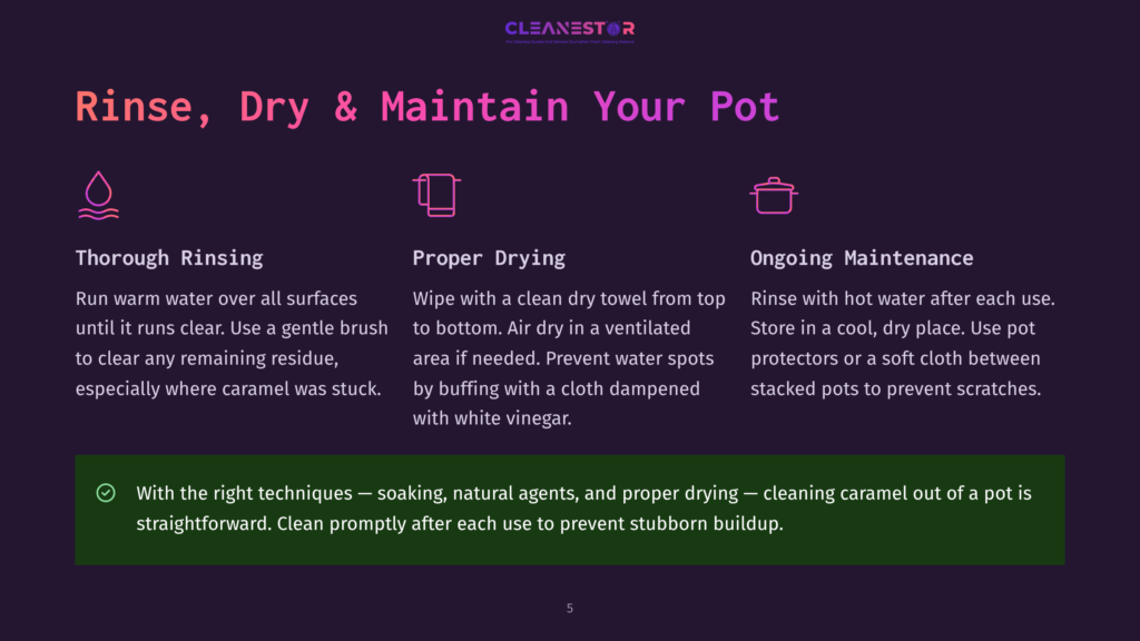 Graphic With Text Instructions For Rinsing, Drying, And Maintaining A Pot. Icons Depict Rinsing, Drying, And Storing A Pot With The Text &Quot;Rinse, Dry &Amp; Maintain Your Pot.
