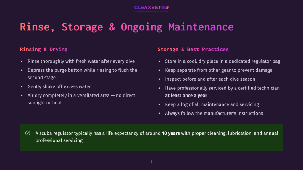 Slide Titled &Quot;Rinse, Storage &Amp; Ongoing Maintenance&Quot; From A Presentation On Scuba Gear Care, Detailing Rinsing, Storage, And Maintenance Best Practices For Regulators.