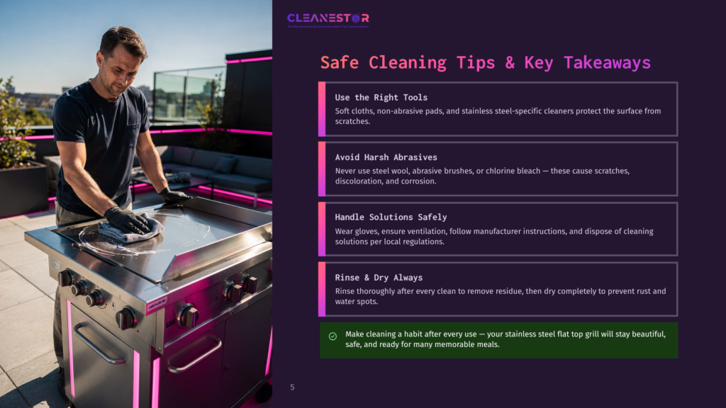 A Man In Black Gloves Cleans A Stainless Steel Flat Top Grill On A Rooftop Patio, With Cleanestor Tips For Grill Cleaning Displayed On The Right.