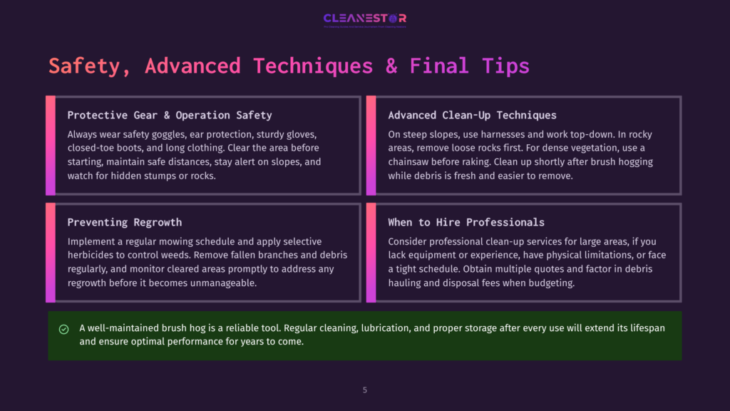 Infographic With Text About Safety, Advanced Techniques, And Final Tips For Brush Hogging, Including Protective Gear, Clean-Up, Regrowing, And Hiring Professionals.