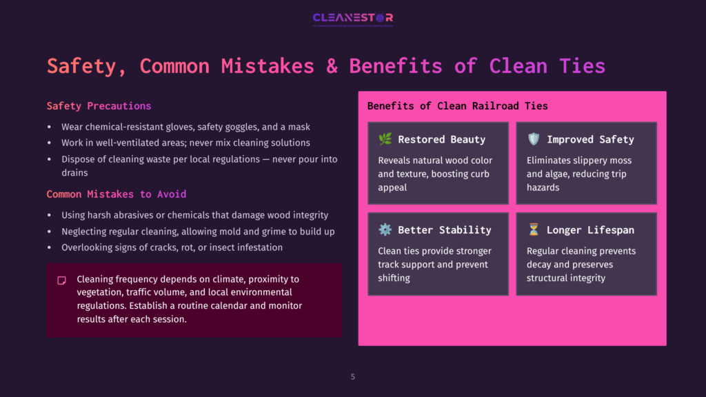 Safety, Common Mistakes &Amp; Benefits Of Clean Ties: Safety Precautions And Common Mistakes To Avoid When Cleaning Railroad Ties, Alongside Benefits Of Clean Railroad Ties Like Restored Beauty And Improved Safety.