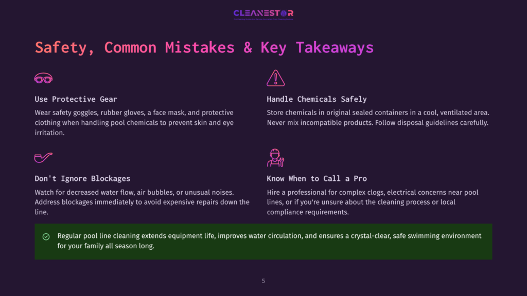 Safety, Common Mistakes &Amp; Key Takeaways For Pool Cleaning. Includes Icons For Protective Gear, Chemicals, Blockages, And Calling A Pro, With Text About Safe Practices.