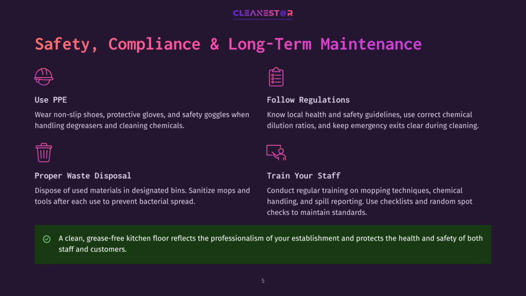 5 Safety Compliance And Long Term Maintenance Infographic Detailing Safety, Compliance, And Long-Term Maintenance For Commercial Cleaning Services, Featuring Icons For Ppe, Regulations, Waste Disposal, And Staff Training.