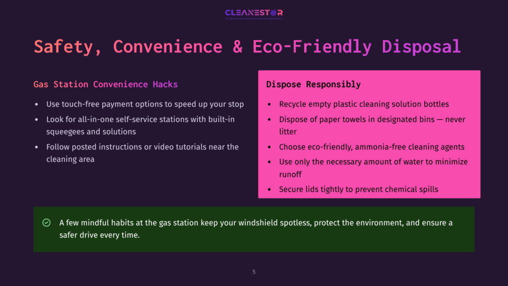 A Presentation Slide Titled &Quot;Safety, Convenience &Amp; Eco-Friendly Disposal&Quot; Lists Gas Station Convenience Hacks Like Touch-Free Payment And Disposal Responsibilities Like Recycling Empty Plastic Bottles And Choosing Eco-Friendly Cleaning Agents.