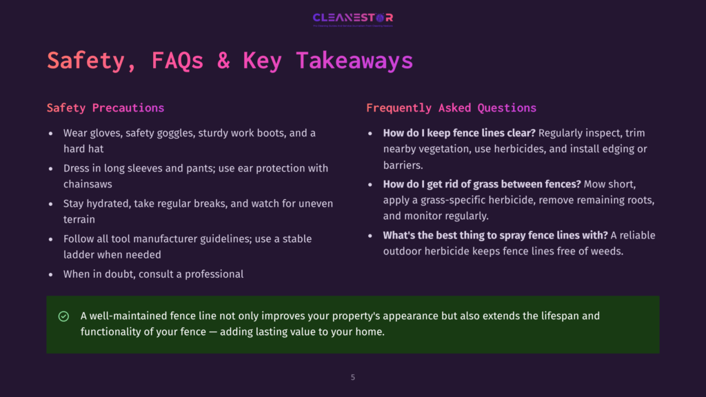 Cleanestor Safety, Faqs &Amp; Key Takeaways Slide With Safety Precautions And Frequently Asked Questions About Fence Line Clearing And Herbicide Use.