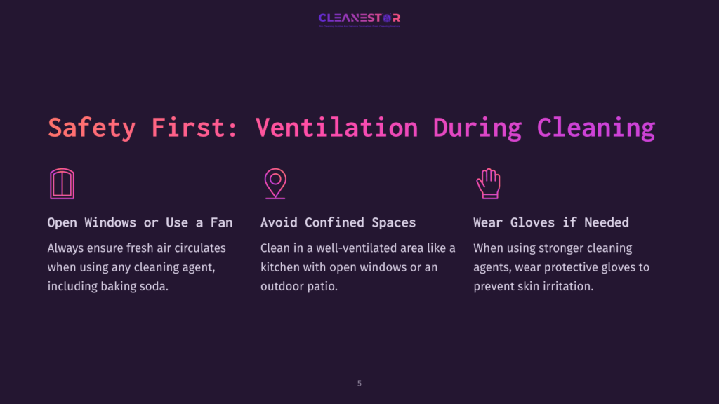 Safety First: Ventilation During Cleaning. Icons Represent Opening Windows Or Using A Fan, Avoiding Confined Spaces, And Wearing Gloves If Needed. Text Provides Cleaning Safety Tips.