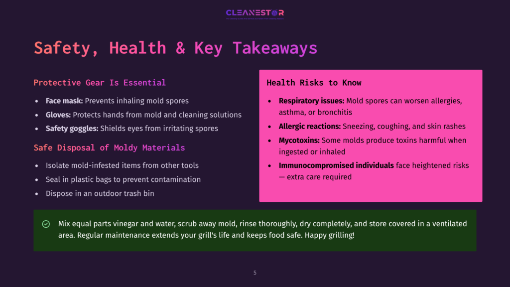 5 Safety Health And Key Takeaways Safety, Health &Amp; Key Takeaways Slide From Cleanestor, Detailing Protective Gear, Safe Disposal Of Moldy Materials, And Health Risks Like Respiratory Issues, Allergies, And Mycotoxins.