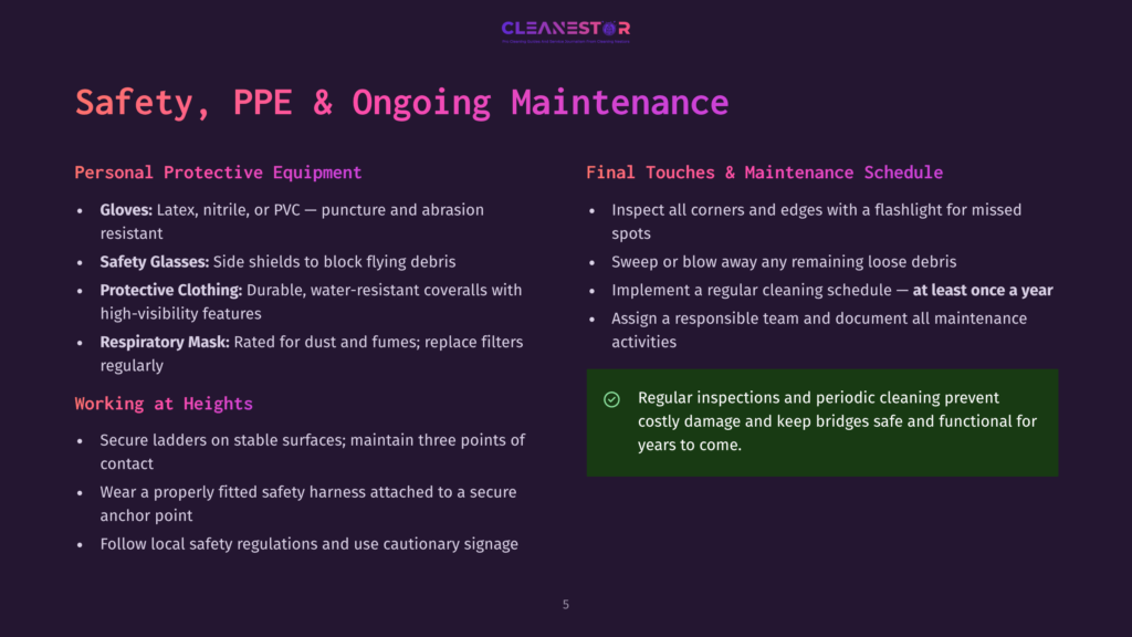 Presentation Slide Titled &Quot;Safety, Ppe &Amp; Ongoing Maintenance&Quot; With Sections On Personal Protective Equipment, Working At Heights, And Final Touches &Amp; Maintenance Schedule.
