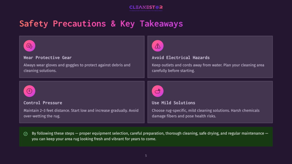 Safety Precautions And Key Takeaways For Rug Cleaning, Including Wearing Protective Gear, Avoiding Electrical Hazards, Controlling Pressure, And Using Mild Solutions. The Text Is Presented On A Dark Purple Background With A Light Purple Overlay.