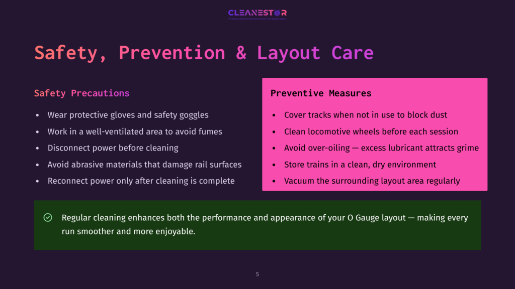 Safety, Prevention &Amp; Layout Care Slide: Safety Precautions Include Wearing Protective Gear, Working In Ventilated Areas, And Disconnecting Power. Preventive Measures Involve Covering Tracks, Cleaning Wheels, Avoiding Over-Oiling, And Securing The Surrounding Layout Area.