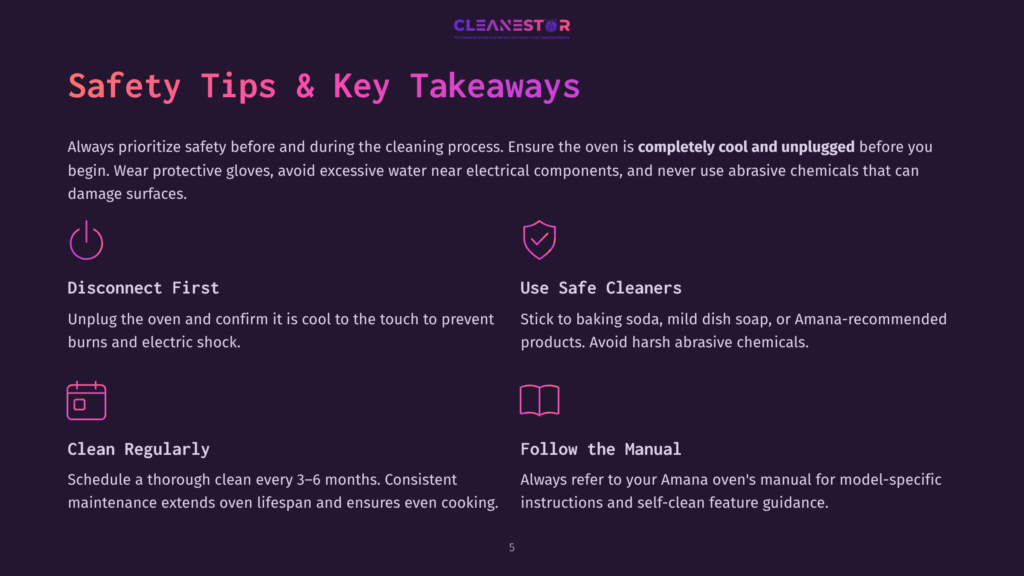 Cleanestor Logo With Text &Quot;Safety Tips &Amp; Key Takeaways&Quot; And Icons For Disconnecting Power, Safe Cleaners, Regular Cleaning, And Following The Manual.