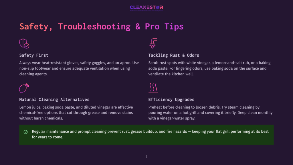 5 Safety Troubleshooting And Pro Tips Cleanestor Logo With Text &Quot;Cleanestor Pro Cleaning Service And Professional Flat Grill Cleaning Solutions&Quot; Above A Dark Purple Background With Tips For Cleaning Flat Grills: Safety First, Tackling Rust And Odors, And Natural Cleaning Alternatives.