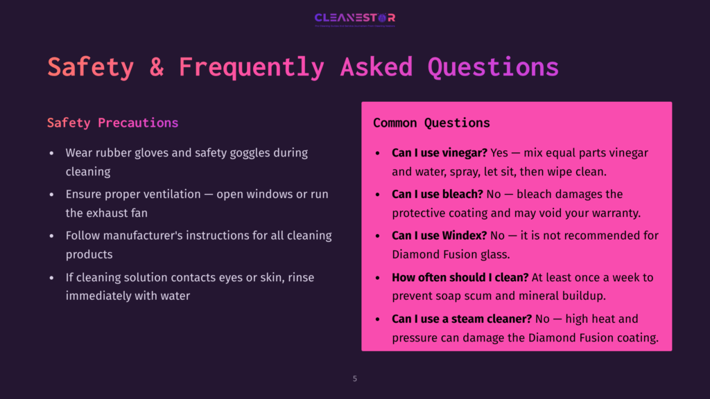 Infographic Slide Titled &Quot;Safety &Amp; Frequently Asked Questions&Quot; By Cleanestor, Detailing Safety Precautions And Common Questions About Cleaning Solutions, Including Using Vinegar And Bleach.
