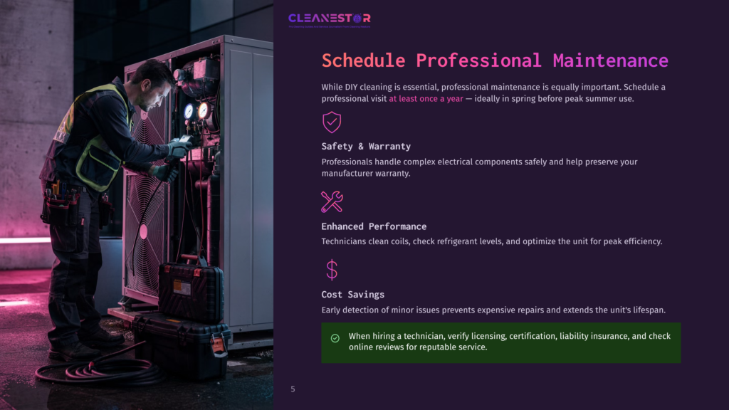5 Schedule Professional Maintenance Technician In Yellow Vest And Hard Hat Inspects Large Outdoor Hvac Unit, Wires Visible, Purple Lighting.