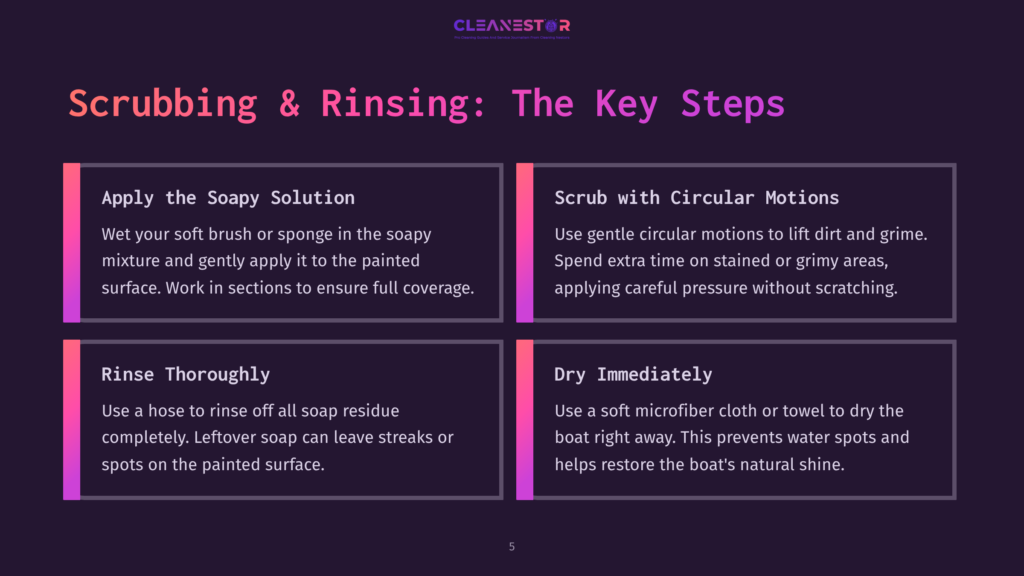 Infographic Detailing The Four Key Steps For Scrubbing And Rinsing A Boat: Apply Soapy Solution, Scrub With Circular Motions, Rinse Thoroughly, And Dry Immediately. The Graphic Uses A Dark Purple Background With Contrasting Pink And White Text And Icons.