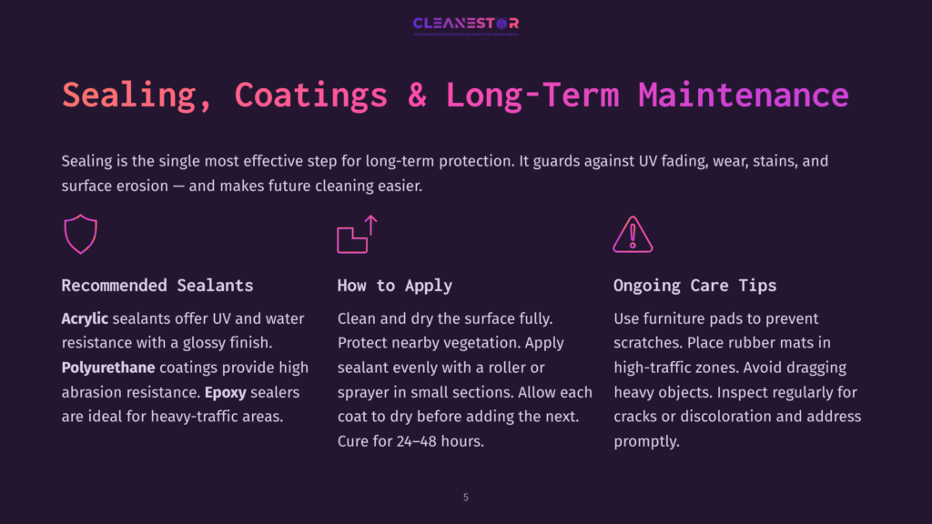 Cleanestor Logo With Text &Quot;Sealing, Coatings &Amp; Long-Term Maintenance&Quot; And Three Icons: A Shield, A Sprayer, And A Warning Triangle. Below, Text Details Sealant Types, Application, And Care Tips.