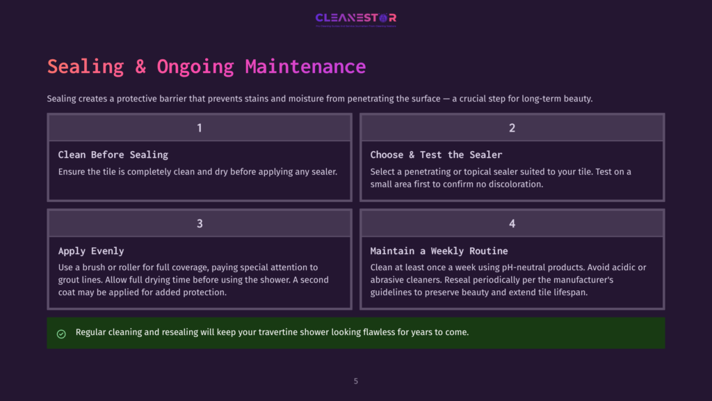 Infographic Detailing The Four Steps Of Sealing And Ongoing Maintenance For Showers: Clean Before Sealing, Choose &Amp; Test The Sealer, Apply Evenly, And Maintain A Weekly Routine. Includes A Final Tip For Regular Cleaning.