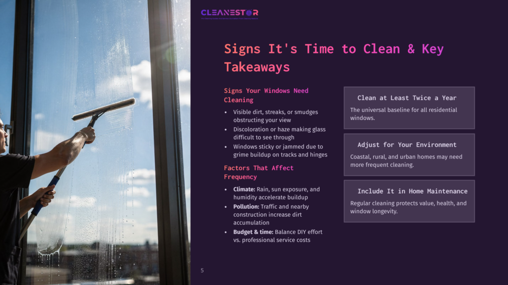 A Window Cleaner Uses A Squeegee To Clean A Large Window, Leaving Streaks Of Water. The Text &Quot;Cleanestor&Quot; And &Quot;Signs It'S Time To Clean &Amp; Key Takeaways&Quot; Is Visible.