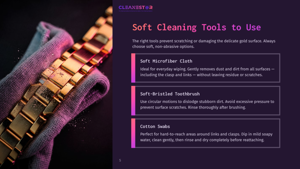 5 Soft Cleaning Tools To Use Close-Up Of A Gold Watch Band Resting On A Purple Microfiber Cloth, With Text Overlay &Quot;Soft Cleaning Tools To Use&Quot;.