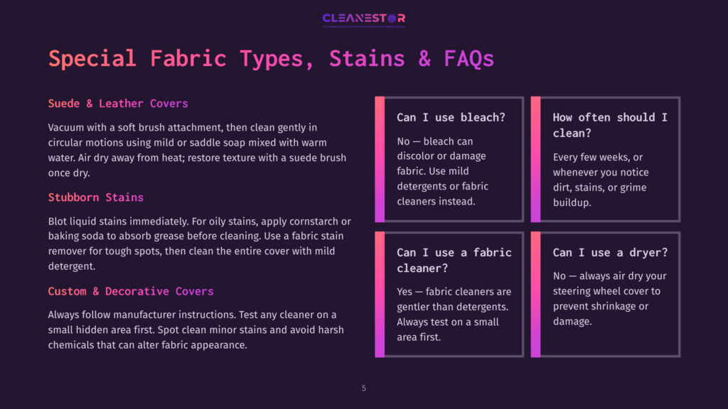 An Infographic Displays Special Fabric Types, Stain Treatment Faqs, And Recommendations For Suede, Leather, And Custom Decorative Covers.