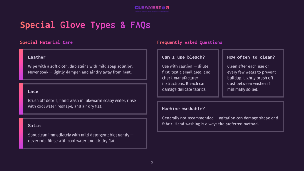 Infographic Detailing Special Glove Types And Faqs. Sections Include &Quot;Leather,&Quot; &Quot;Lace,&Quot; And &Quot;Satin,&Quot; With Care Instructions For Each. The Faq Section Has Questions Like &Quot;Can I Use Bleach?&Quot; And &Quot;Machine Washable?