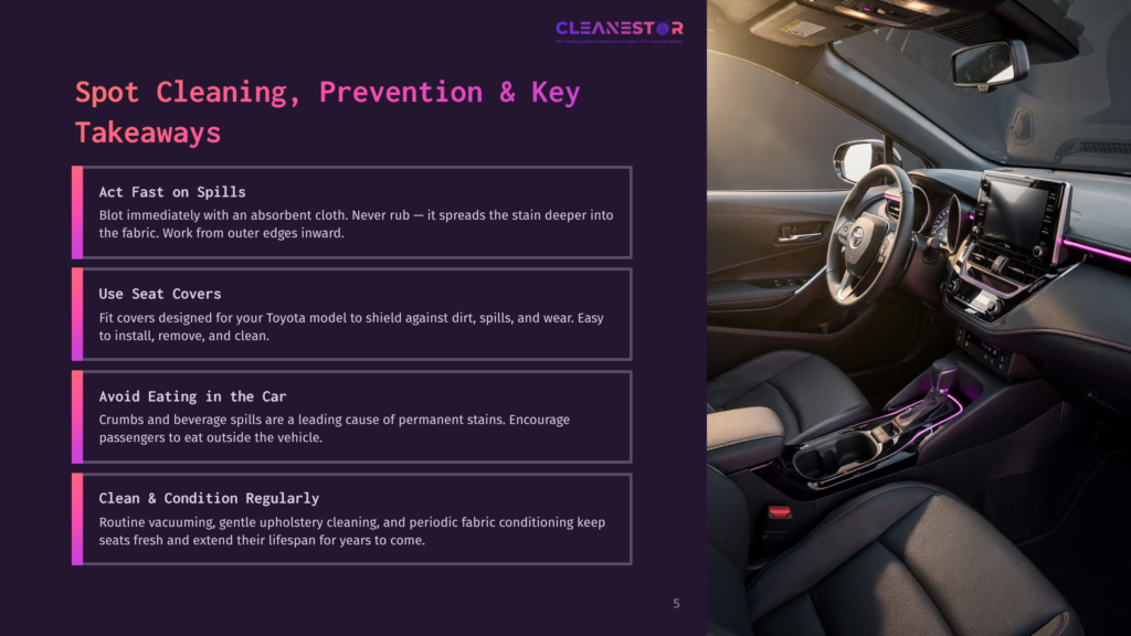 Interior Of A Modern Toyota With Ambient Purple Lighting, Showing A Dashboard, Gear Shifter, And Cup Holders. Text Overlay Reads &Quot;Cleanestor&Quot; And &Quot;Spot Cleaning, Prevention &Amp; Key Takeaways.