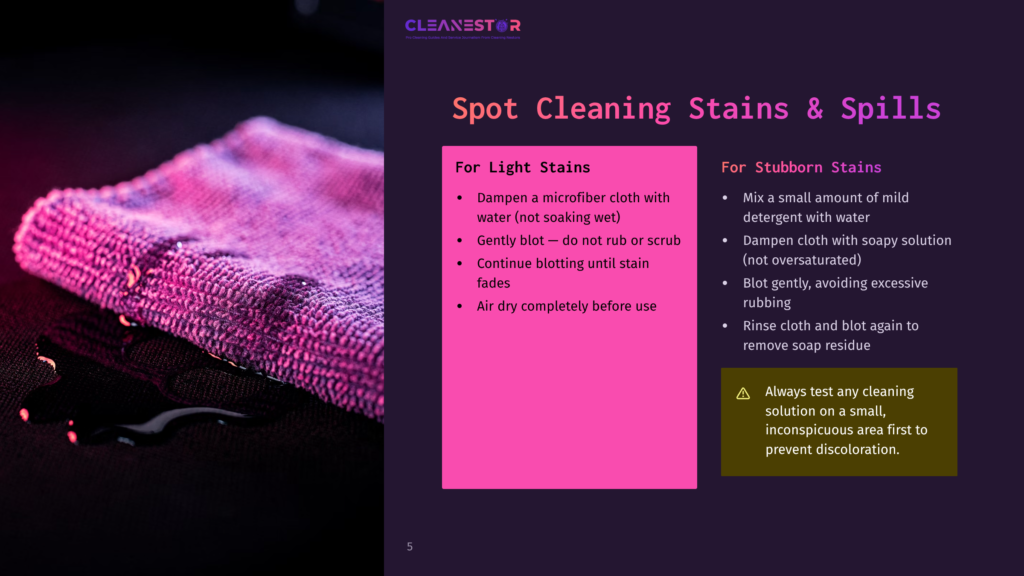 A Pink Microfiber Cloth With Water Droplets And A Dark Stain, Next To Text About Cleaning Light And Stubborn Stains.