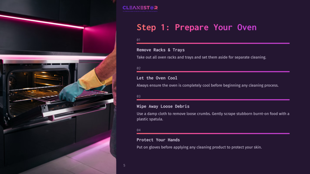 Step 1: Prepare Your Oven. Person In Yellow Glove And Blue Glove Removing Oven Racks From An Open Oven.