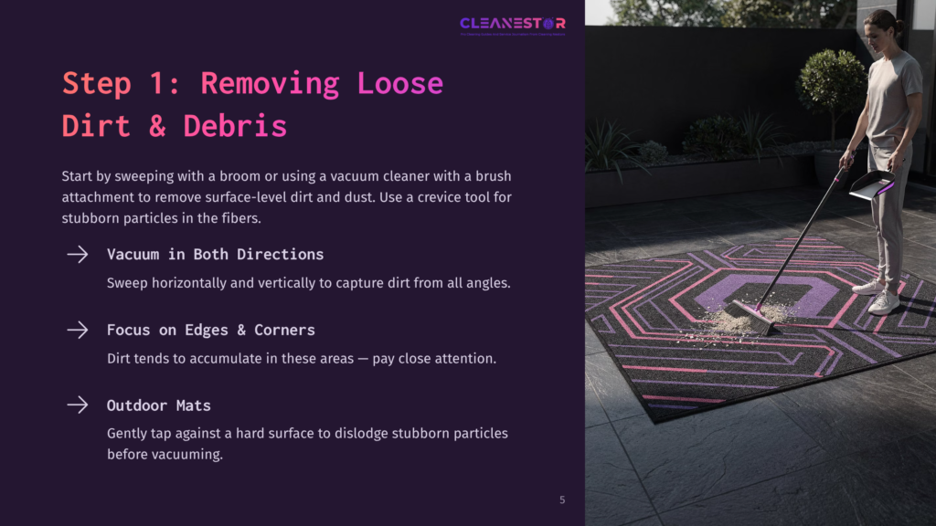Step 1: Removing Loose Dirt &Amp; Debris. Woman Sweeping A Rug With A Broom, Showing How To Clean Dirt And Dust From Carpet Fibers.