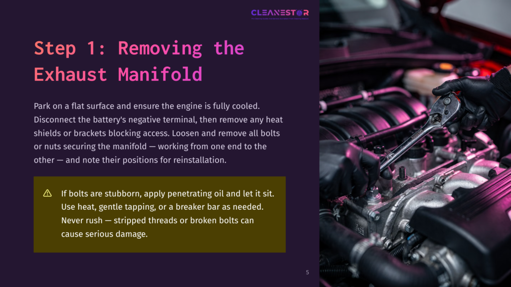 Step 1: Removing The Exhaust Manifold. Gloved Hands Use A Socket Wrench To Loosen Bolts On A Car'S Exhaust Manifold, With Text Overlay Providing Instructions.