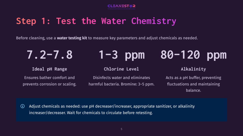 5 Step 1 Test The Water Chemistry Infographic Titled &Quot;Step 1: Test The Water Chemistry&Quot; Showing Ideal Ranges For Ph (7-7.8), Chlorine (1-3 Ppm), And Alkalinity (80-120 Ppm) For Water Testing, With Instructions To Adjust Chemicals As Needed.
