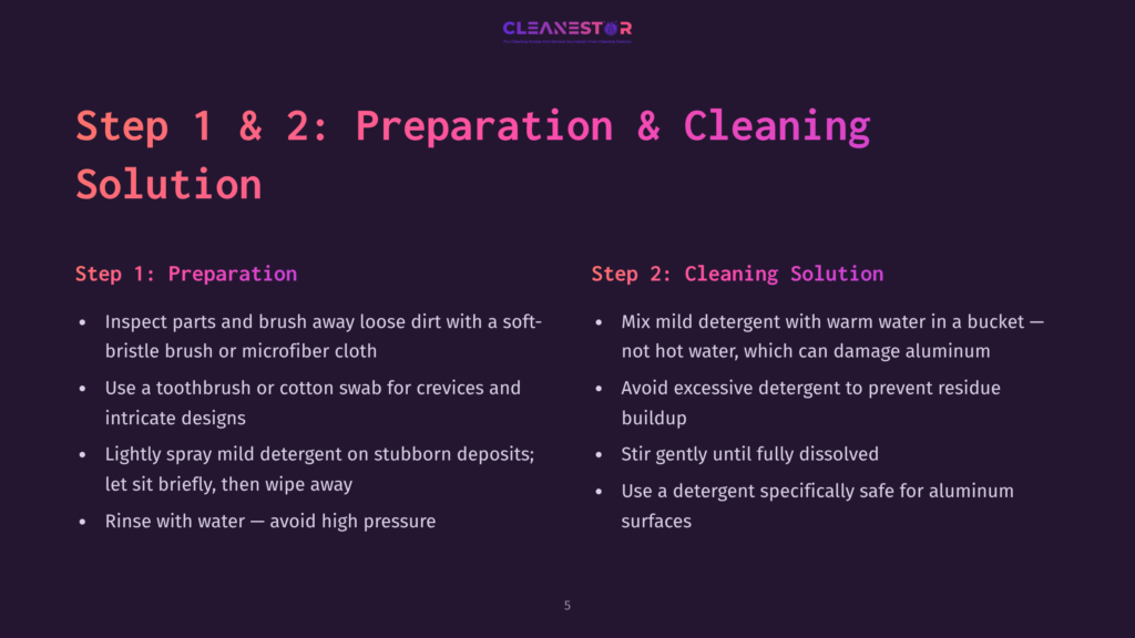 Cleanestor Logo With Text &Quot;Step 1: Preparation&Quot; And &Quot;Step 2: Cleaning Solution&Quot; With Bulleted Instructions For Cleaning Aluminum Surfaces.