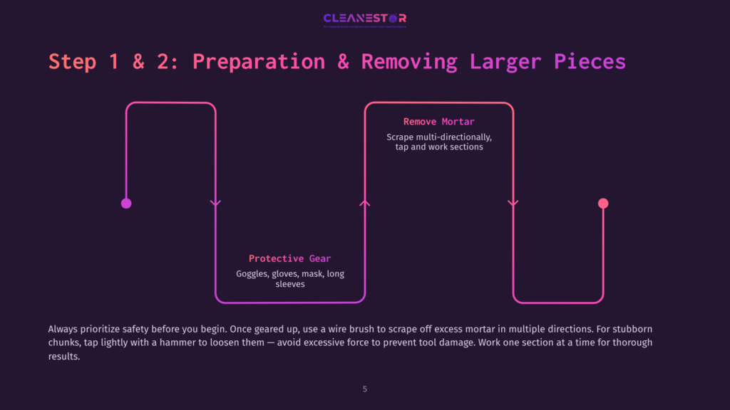 Diagram Showing Steps 1 And 2 For Removing Larger Pieces Of Tile, With A Focus On Preparation And Safety, Including Protective Gear And Mortar Removal Techniques.