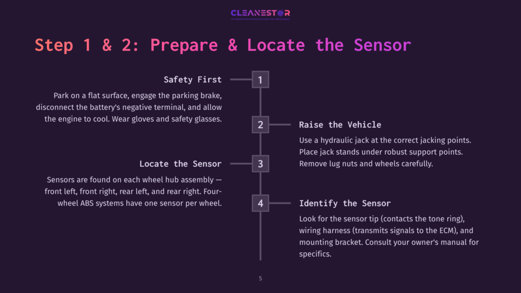 Infographic Detailing Steps 1 &Amp; 2 Of Preparing And Locating A Vehicle Sensor, Including Safety Precautions, Jacking Instructions, And Sensor Identification Tips.