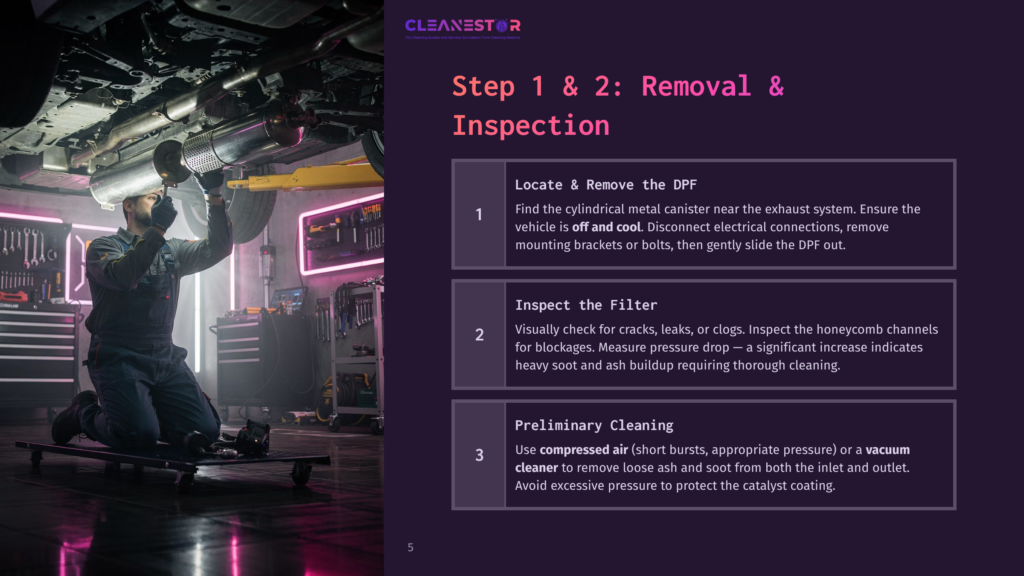 Mechanic Working On A Car'S Exhaust System, Showing Steps For Dpf Cleaning, Filter Inspection, And Preliminary Cleaning.