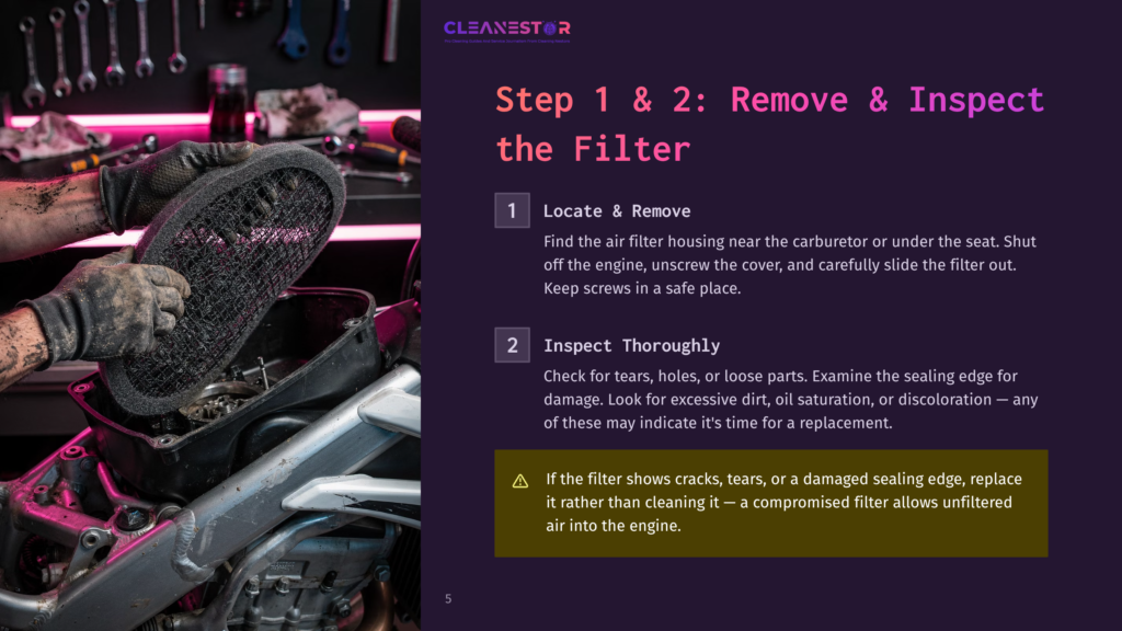 Hands In Gloves Remove A Dirty Motorcycle Air Filter From An Engine Housing, With Text Overlaying The Image Detailing Steps 1 &Amp; 2: &Quot;Remove &Amp; Inspect The Filter.