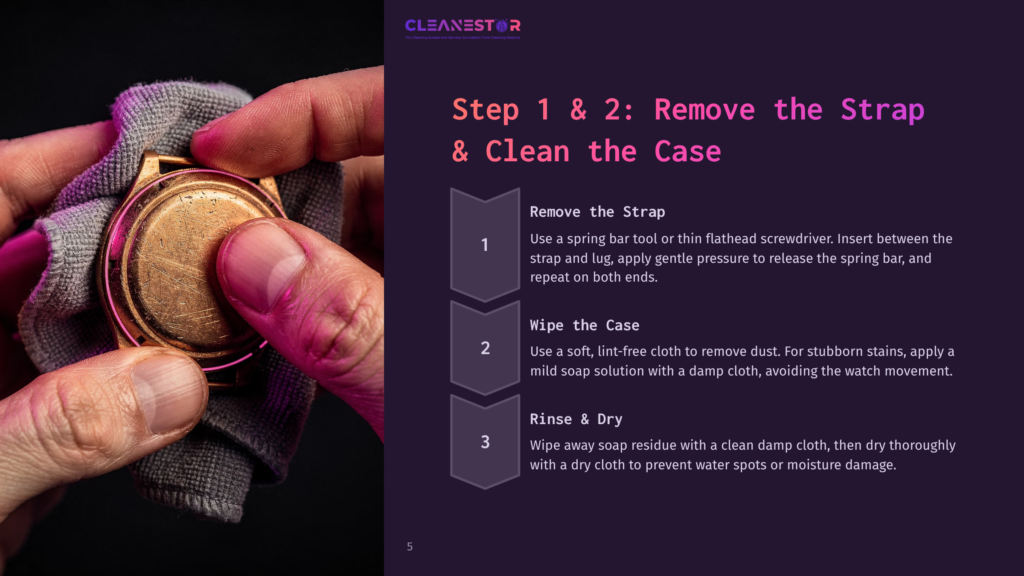 Close-Up Of Hands Removing A Watch Strap From A Vintage Gold Watch With A Gray Cloth. Instructions: 1. Remove The Strap, 2. Wipe The Case, 3. Rinse &Amp; Dry.