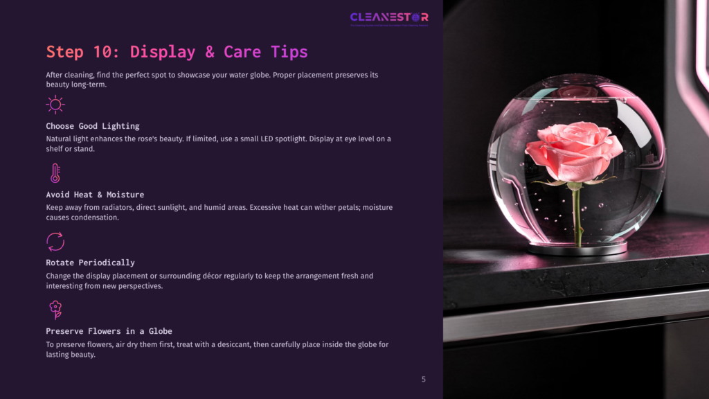A Single Pink Rose Blooms Inside A Clear Glass Sphere On A Dark, Reflective Surface. The Image Is Part Of A &Quot;Step 10: Display &Amp; Care Tips&Quot; Guide, Featuring Text About Proper Placement And Avoiding Heat.