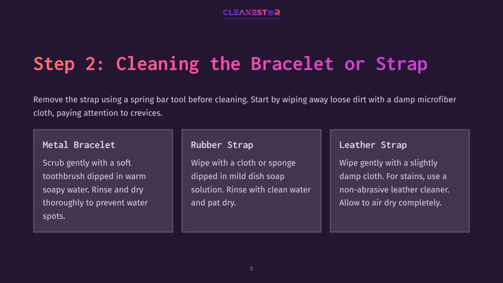 5 Step 2 Cleaning The Bracelet Or Strap Step 2: Cleaning The Bracelet Or Strap. Three Panels Detail Cleaning Methods For Metal Bracelets, Rubber Straps, And Leather Straps With Text Instructions And A Cleanestor Logo.