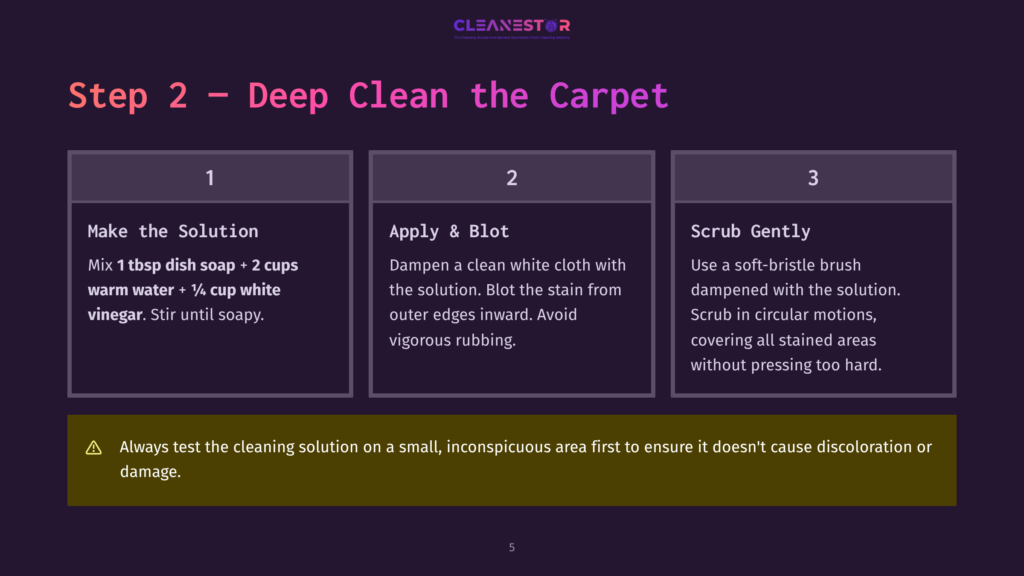5 Step 2 Deep Clean The Carpet Step 2 - Deep Clean The Carpet: Image Shows Three Numbered Steps For Cleaning A Carpet. Step 1: Make The Solution (Mix 1 Tbsp Dish Soap + 2 Cups Warm Water + 1/4 Cup White Vinegar). Step 2: Apply &Amp; Blot (Dampen Cloth, Blot Stain). Step 3: Scrub Gently (Use Soft-Bristle Brush, Scrub In Circular Motions). A Warning Advises Testing Solution First.